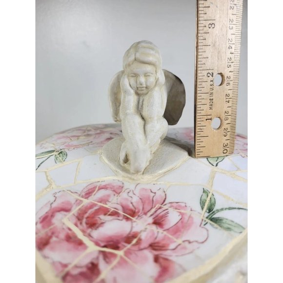 RARE Shabby Chic Vintage Rose Mosaic Angel Keepsake Heart Box - Picture 6 of 11